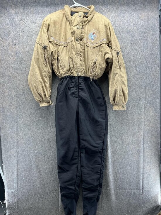 Skea Pants - Vintage Skea Ski Suit Womens 10 Beige Black One Piece Snowsuit USA Embroidered